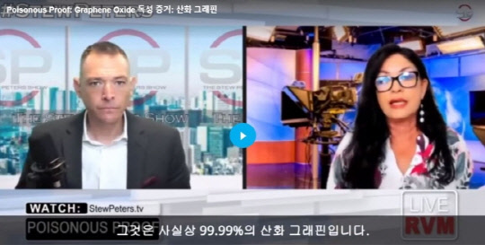 스튜 피터스쇼라는 개인 인터넷 방송에 제인 루비(오른쪽)라는 국제보건 경제학자라고 소개된 인물이 "화이자 백신에 산화 그래핀이 다량 포함돼 있으며, 산화 그래핀은 인체에 치명적 독성 물지로 세포 안의 모든 것을 파괴한다"고 주장하고 있다. <스튜 피터스쇼 영상 캡처>